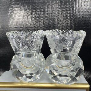 Bohemian Clear Crystal Toothpick Holder Sawtooth Edge Mini Vase Faceted Set 2